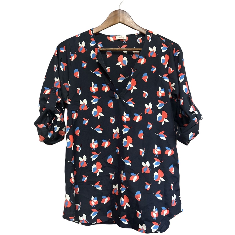 Pixley Women's Navy Blue Floral Print V Neck Roll Tab Sleeve Tunic Top Medium